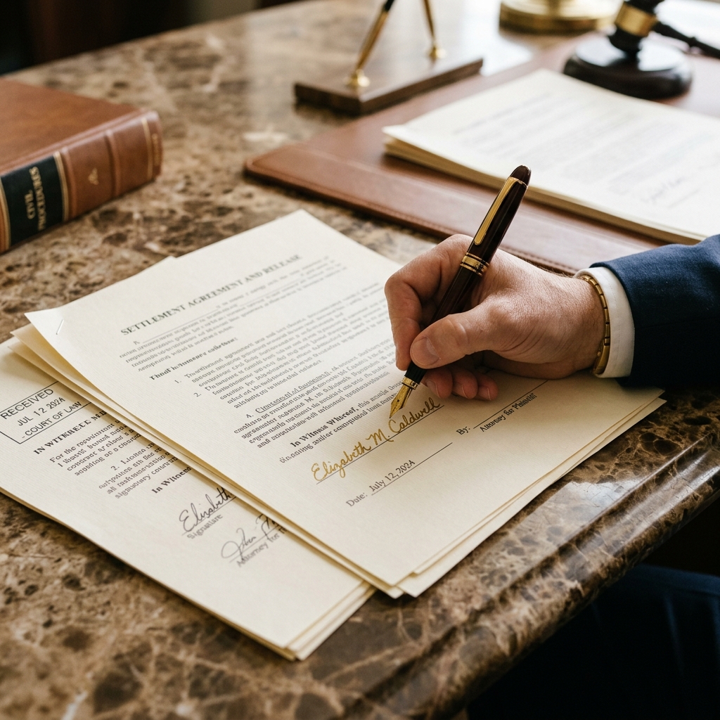 Documentos legales y firma de contrato en escritorio de mármol